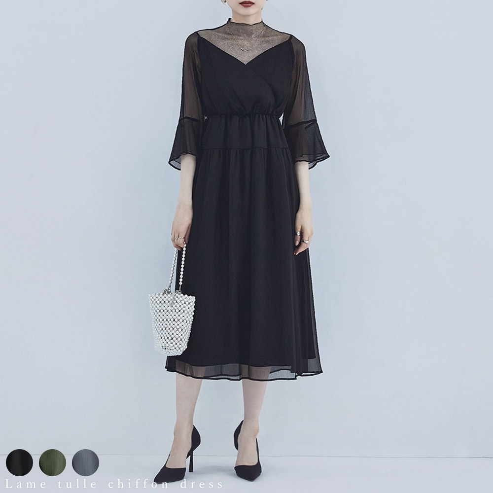 ラメチュールシフォンドレス ワンピース レディース カシュクール シフォンワンピース パーティードレス 楊柳 ワンピ ドレス オケージョン フォーマル 長袖 ロング ロングワンピ ロングドレス