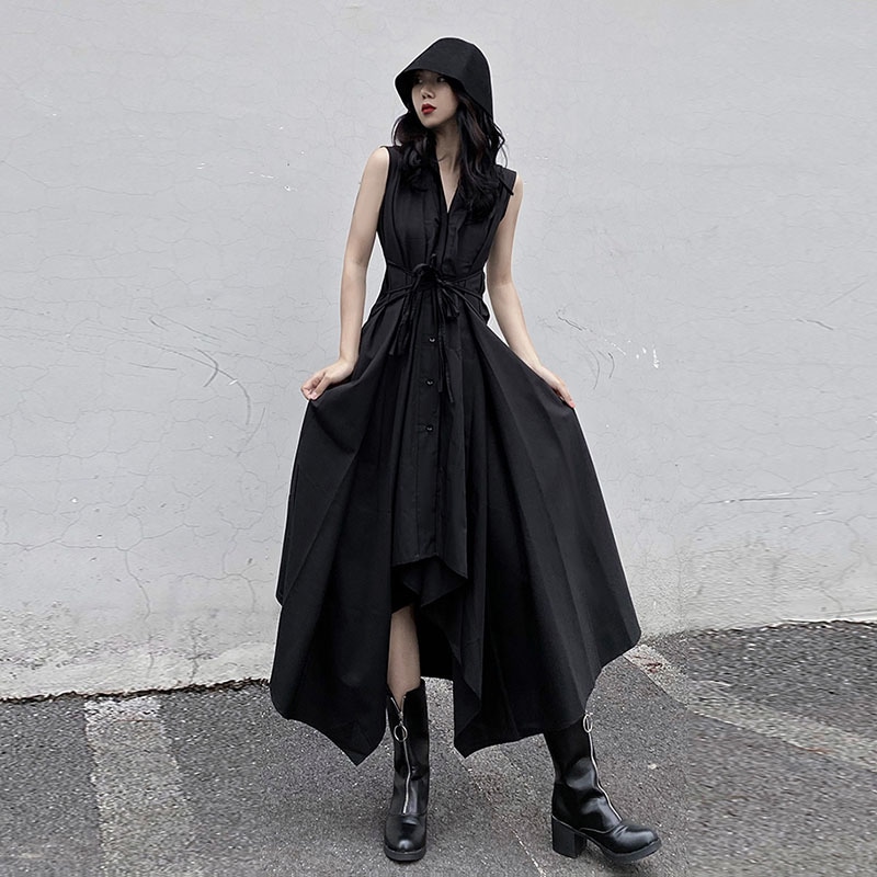 レディースノースリーブAタイプドレスラージサイズ新しいファッショントレンド不規則な性格ウエストネクタイロングシャツドレスブラックシンプルで用途の広いレディースロングドレスファッションカジュアル
