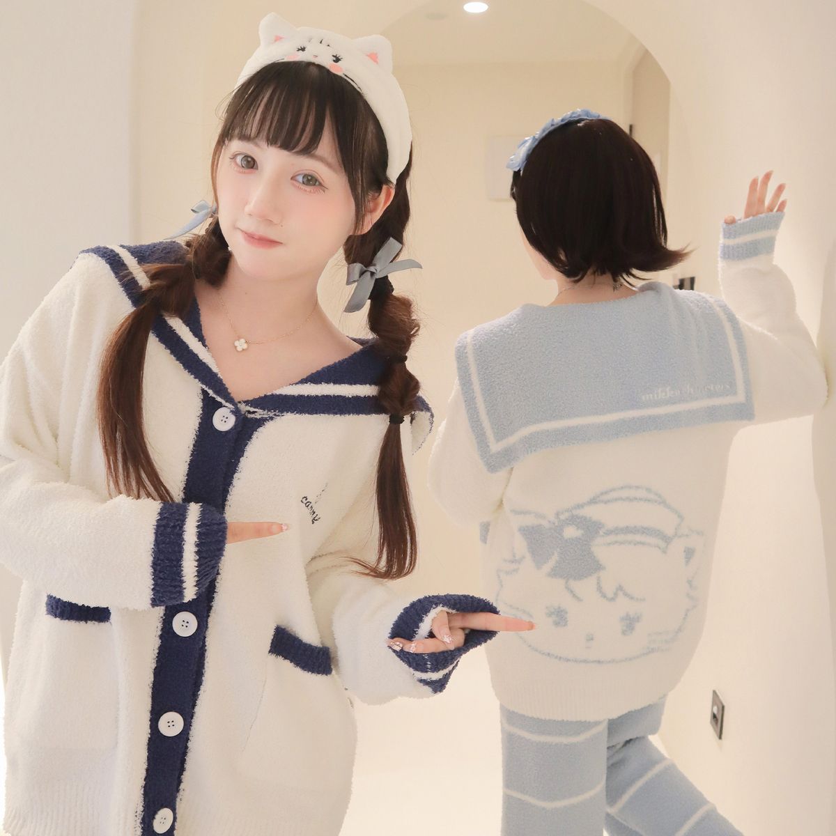 Mikkoセーラーネックハーフパイル秋冬パジャマカーディガンゆったり刺繍可アウターホームウェアブルー