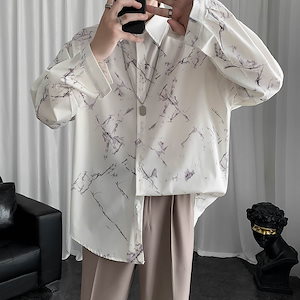韓国ファッション プリントシャツ メンズ 長袖トレンド シャツ ゆったり夏服 カジュアル 白コート
