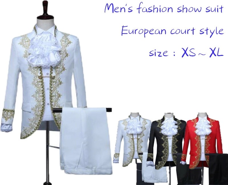 送料無料 メンズ スーツ3点セット 欧米宮廷復古風 スーツ ジャケット＋パンツ＋襟花 王室王子様 衣装 舞台劇 オペラ 演出服 コスプレ イベント衣装 舞台演出服 ステージ衣装 刺繍花柄 メンズ ハロ