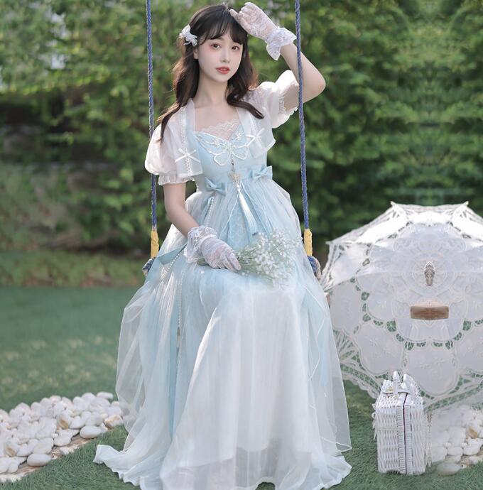 漢風ドレス ロング丈キャミソール 蝶柄 ミモレ丈ドレス ボレロ 羽織 仙女ドレス 古風 美人ドレス 中華風 改良漢服 古代 お嬢様 コスプレ コスチューム 学園祭 文化祭 撮影 イベント 衣装