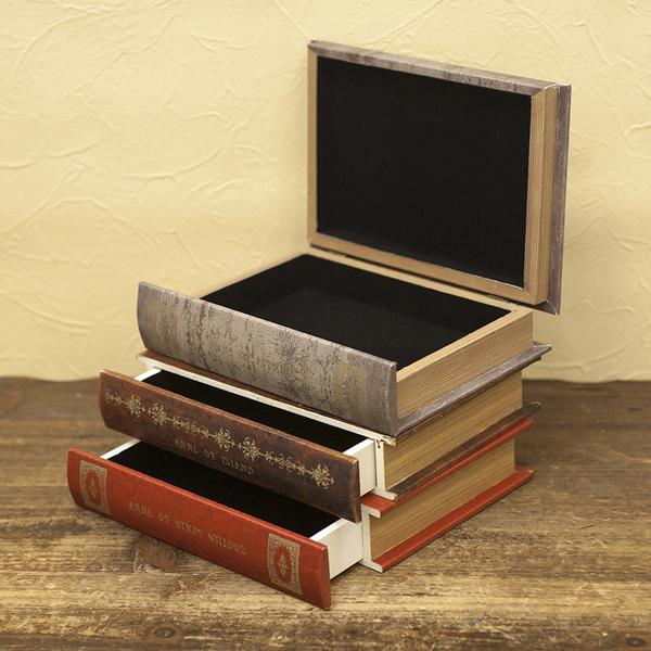 小物収納 収納ボックス 収納箱 本型 おしゃれ デザイン モチーフ 3段 引き出し フタ 蓋 ドロワーボックス インテリア アンティーク ビンテージ風 フェイク