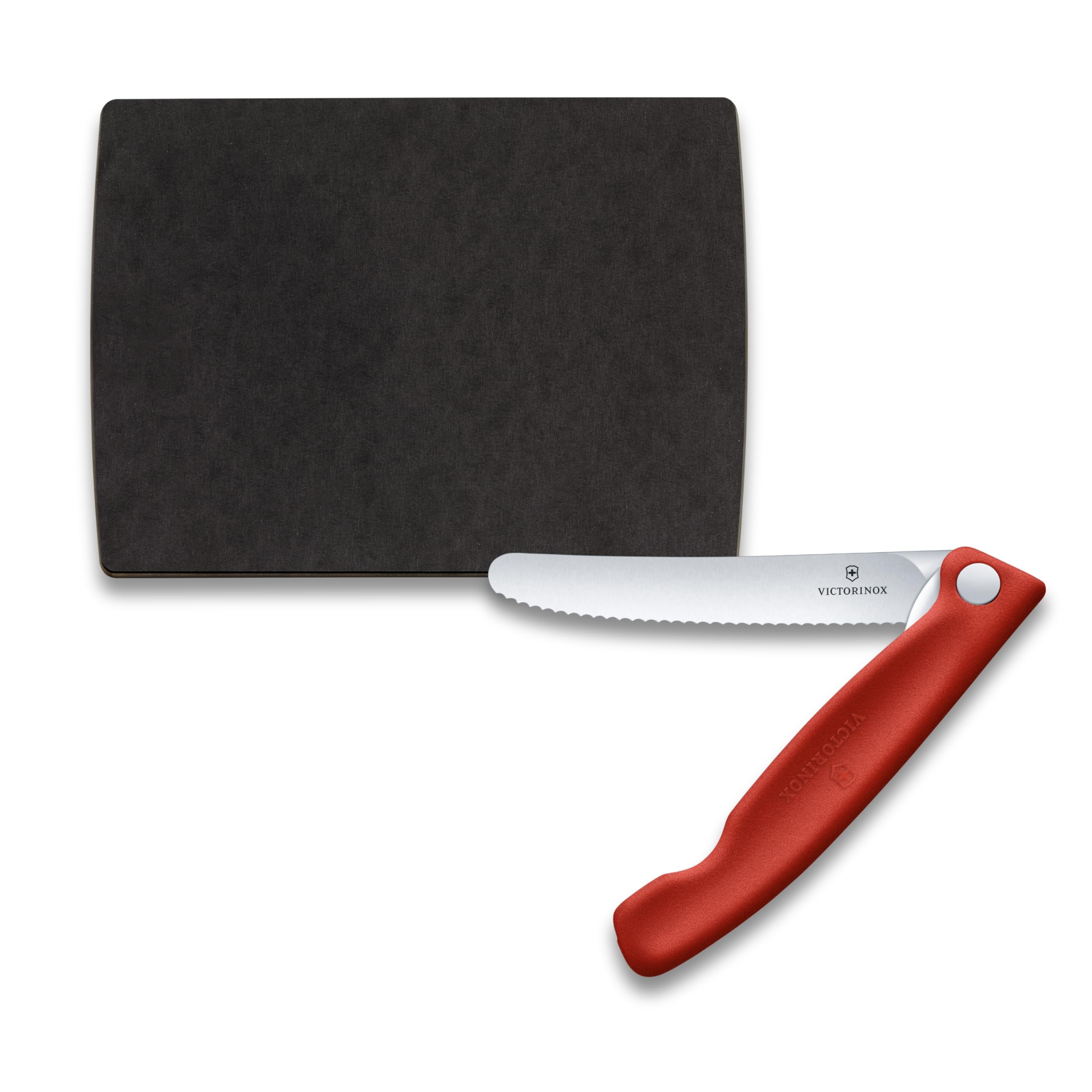 VICTORINOX(ビクトリノックス) まな板 包丁セット 食洗機対応 ペティナイフとカッティングボード2点セット 波刃 レッド 耐久性耐熱性のよいカッティングボードと折り畳み式ナイフ トマト&テ