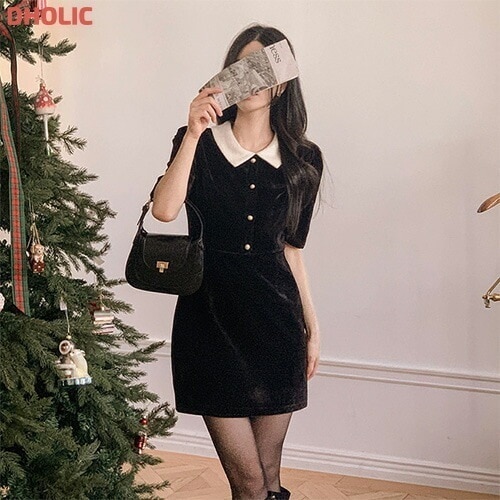 [メガ割りSALE]2TYPE配色ブークレカラーベロア半袖ミニワンピース