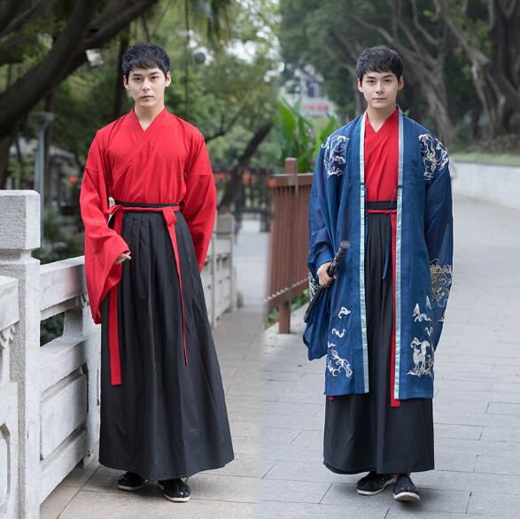 メンズ用漢服唐装 龍柄刺繍　ロング丈羽織　3点セット/4点セット　カップル中華振袖シャツ+ロング丈スカート　振袖中華古風コスプレ衣装　メンズレディース漢服　チャイナ舞台ステージ服　ハロウィン　クリスマ