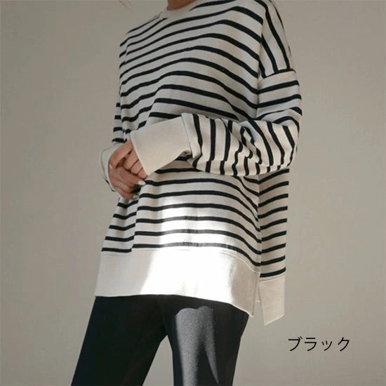 ボーダーカットソー トップス レディース プルオーバー カジュアル シンプル ストライプ サイドスリット コットン ロングTシャツ レディース 抜け感 ボックスシルエット 長袖 ワンサイズ