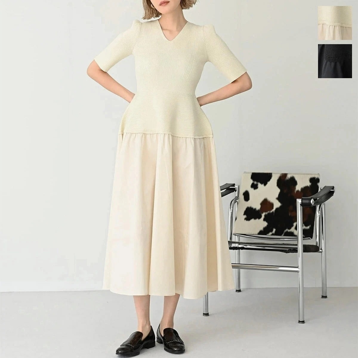 HERENCIA ヘレンチア ワンピース H325102 レディース ニット Vネック 切替 リブ ロング丈 ドレス 5分袖 カラー2色 【mega】