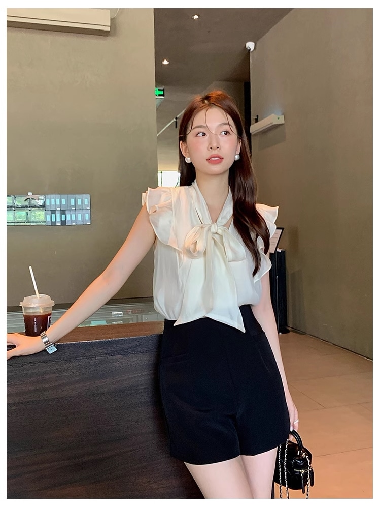 夏 フレンチ エレガント ソリッドカラー トップ シャツ フライング スリーブ シフォン シャツ トップス シャツ 袖なし ノースリーブ 襟なし かわいい シンプル カジュアル 大人 上品 おしゃれ