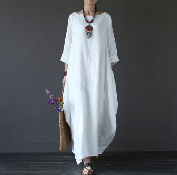 ワンピース 個性的 ゆったり サイズ豊富 大きいサイズ マキシ マキシ丈 7分袖 ボートネック ワイド 通気性 薄手 シンプル カジュアル 上品 おしゃれ お洒落 アジアン エスニック