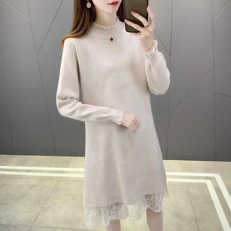 レース付きニットワンピース ハイネックニットワンピース カジュアルニットワンピース 膝丈ニットワンピース スカート ワンピース ニットソー プルオーバー オールインワン ミニスカート ニットスカート