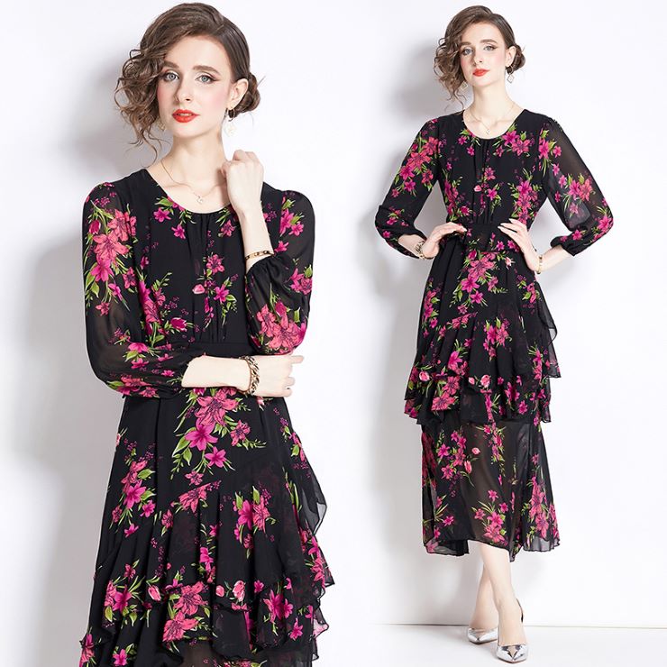 【6月5日20時 新作　花柄シフォンワンピース 花柄シフォンワンピース ワンピース 入園式 ワンピ　結婚式 二次会 入学式 大人 上品 卒業式 OL パーティードレス ドレス フォーマル 5,165円