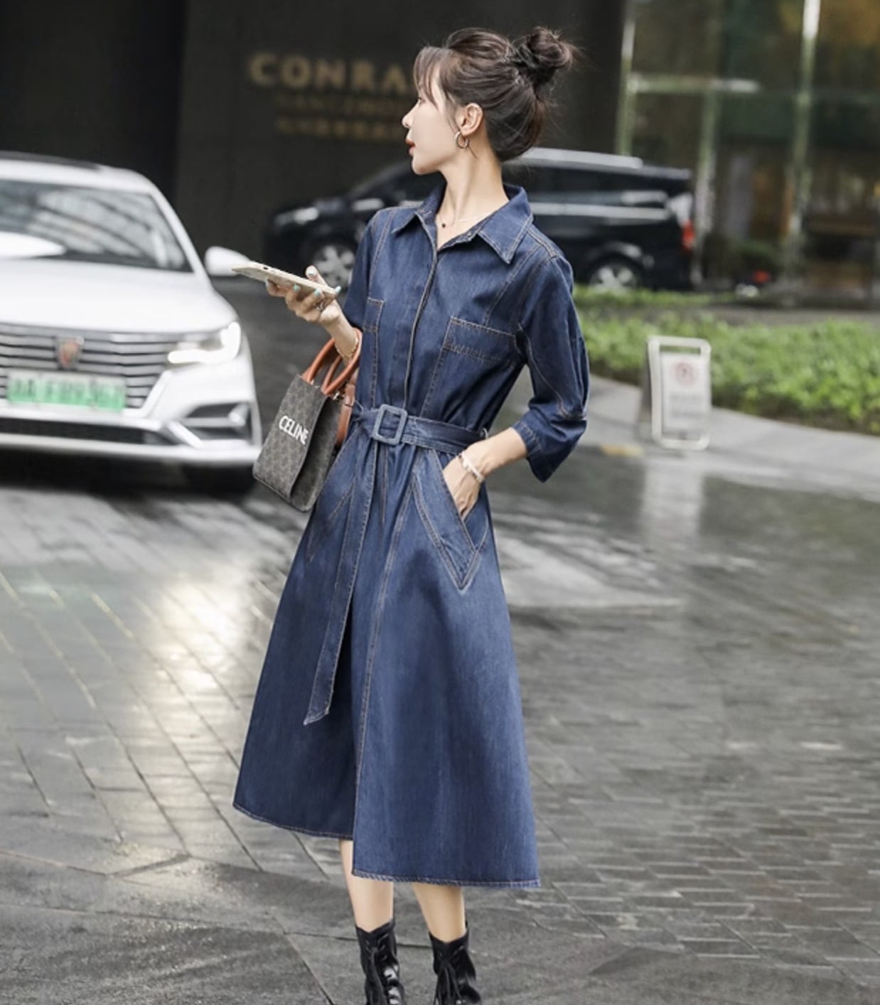 ワンピース シャツワンピース デニムワンピース ミモレ ミモレ丈 袖あり 7分袖 七分袖 襟付き フレア Aライン ベルト ウエストマーク ポケット ハイウエスト デニム かわいい きれいめ シンプル