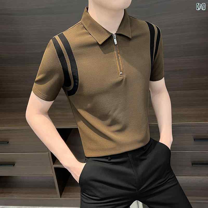 ポロシャツ メンズ スタイリッシュ おしゃれ 紳士服 男性 シャツ 半袖 クール 夏 カジュアル ハーフジップ ストライプ