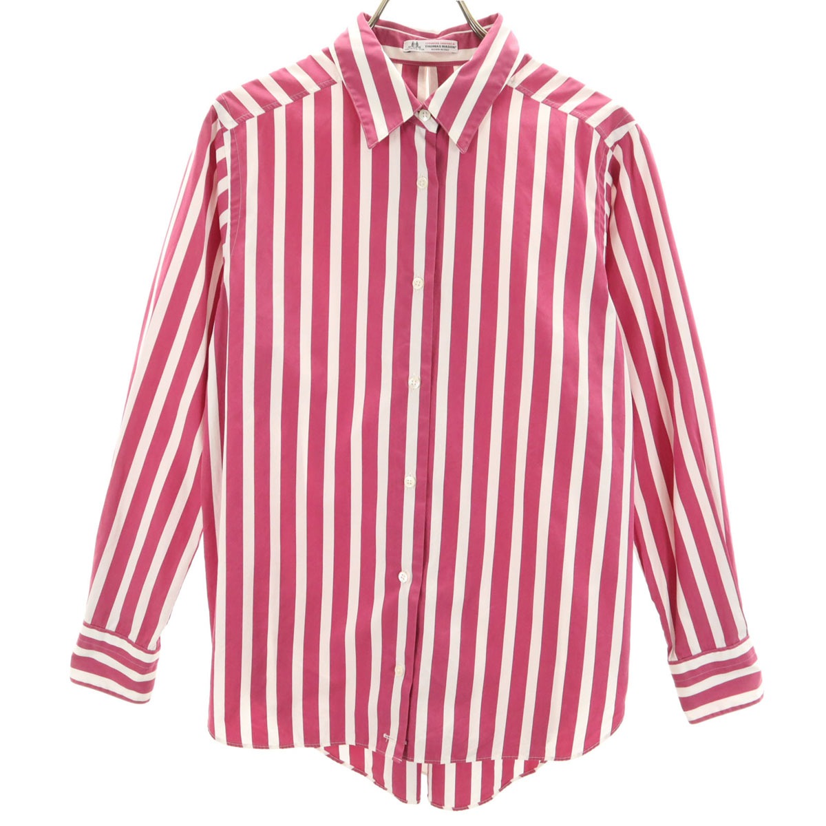 日本製 ストライプ柄 長袖 コットンシャツ 36 マゼンタ系 レディース 古着