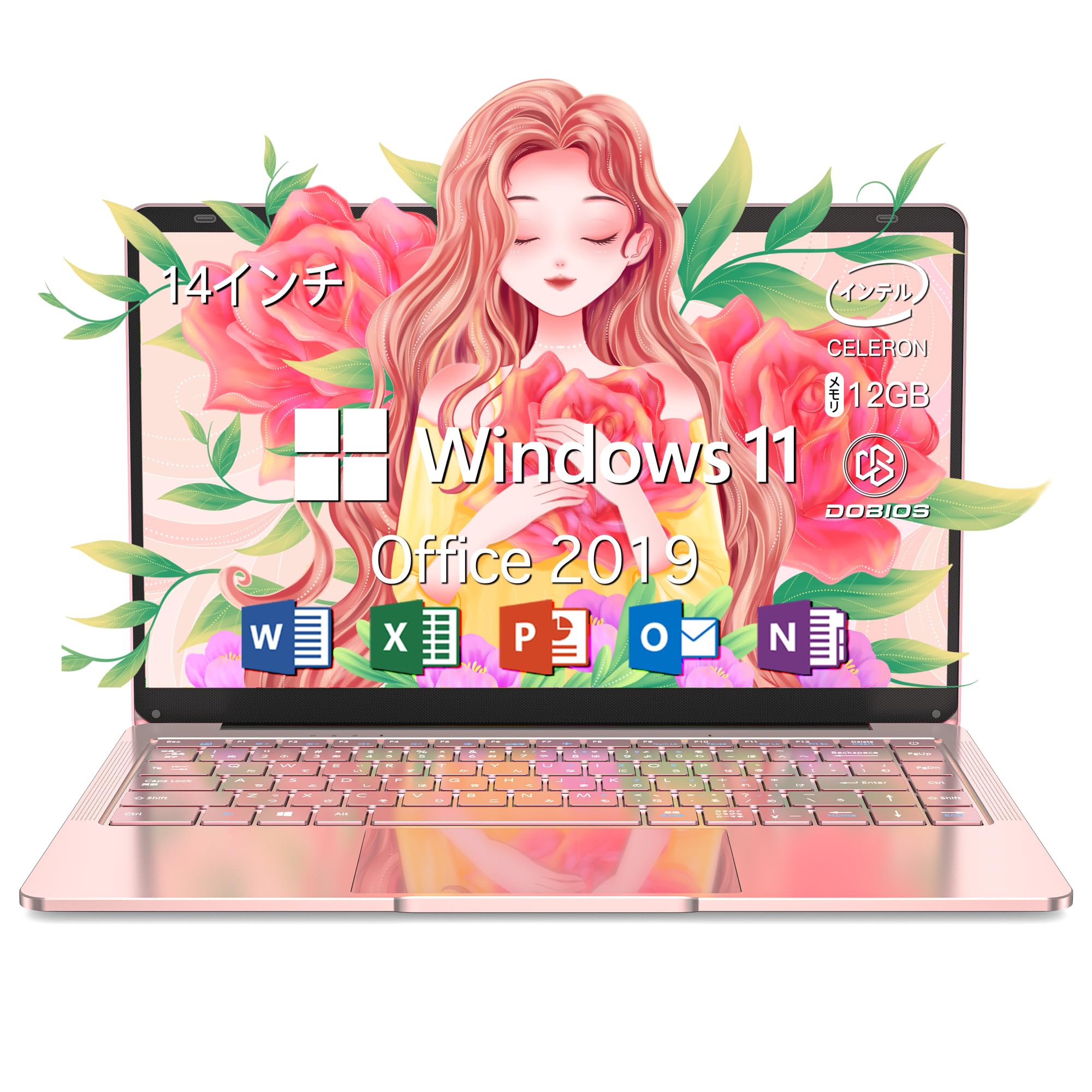ノートパソコン office搭載 windows11 Dobios 14インチ 日本語キーボード MS Office 2019/高速CPU Celeron N3350/メモリー12GB/WIFI/US