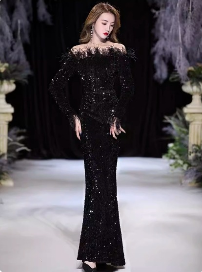 ドレス ワンピース パーティー 発表会 ステージ 舞台 衣装 ラウンジ クラブ ロング マキシ 長袖 オフショル マーメイド スレンダー タイト スリム イブニング ベルライン ファー かっこいい