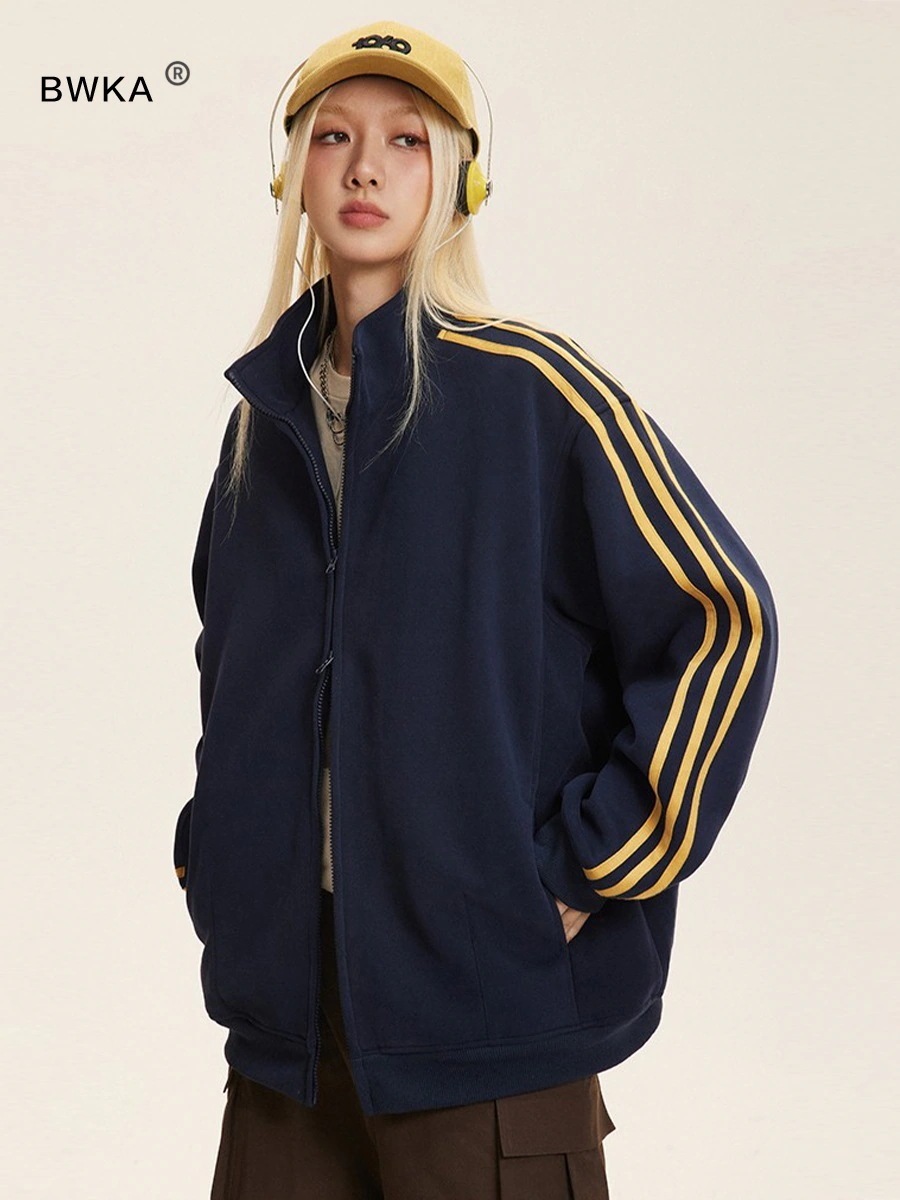 2025 秋冬 韓国 かわいい レディース バイカラーハイネックスタンドネックアウター羽織りスポーティー長袖配色コーデトップススポーツサイズサイドカジュアルシルエットファッション系フル丈トラック