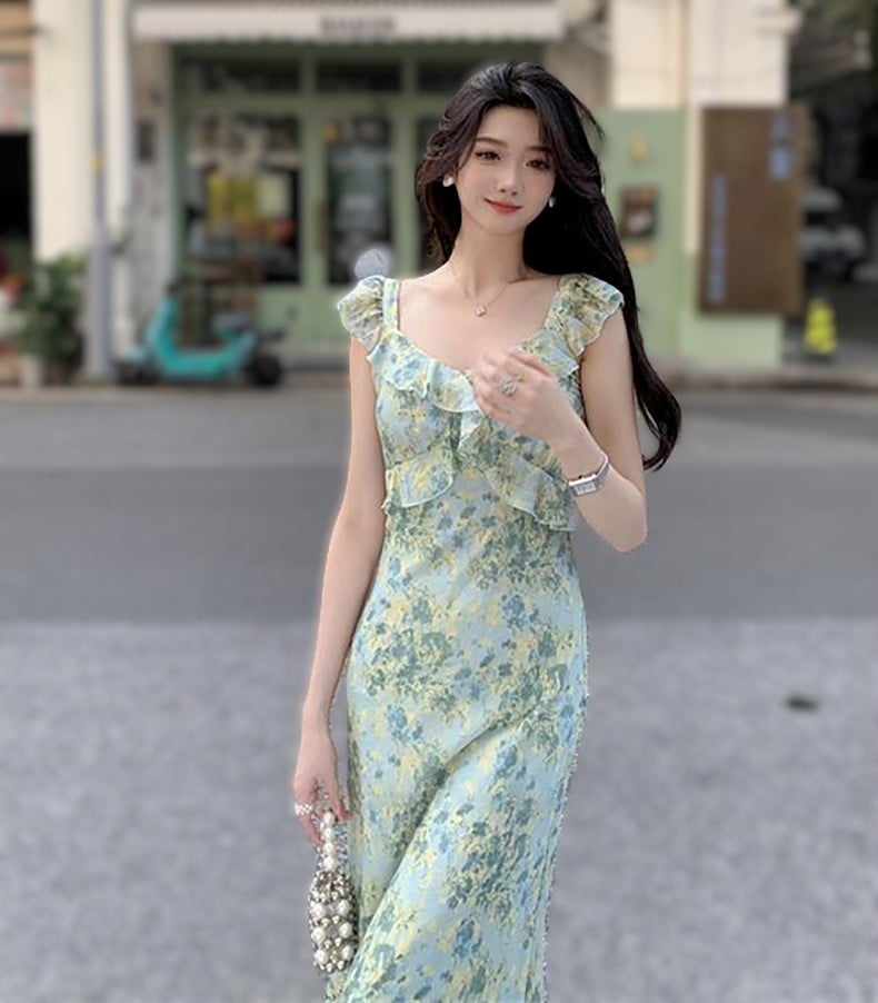 ワンピース ワンピドレス シフォンワンピース フリル ノースリーブ ロング マキシ丈 袖なし Vネック Aライン シフォン 透け感 薄手 きれいめ 大人 上品 おしゃれ レトロ エレガント 花柄 春