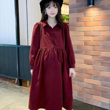 マタニティワンピース コーデュロイワンピース ワンピース 長袖 フレア ワイド コーデュロイ