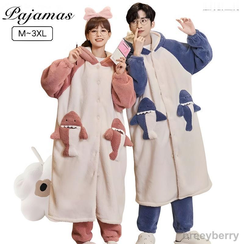 【即納】着ぐるみ パジャマ ペア パジャマ サメ 可愛い 大人用 冬 もこもこ ルームウェア もこもこ 動物 ペアパジャマ フード付き レディース メンズ ナイトガウン 前開