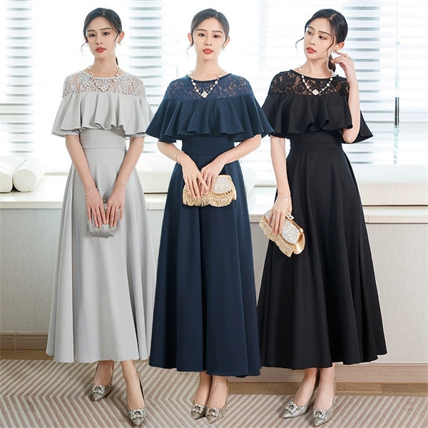 レディースドレス 演奏会 イブニングロングドレス 上品なレース拼接 ワンピース おしゃれ フリル付きドレスワンピース 発表会ワンピース