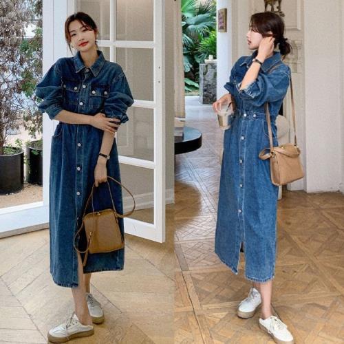 売り切れ注意デニム シャツ ワンピース ロング ジーンズ 長袖 韓国 オーバーシャツ 春 秋 冬 レディース デニムシャツワンピース シャツワンピース 襟付き 大人可愛い 前開き フロントボタン ウエ