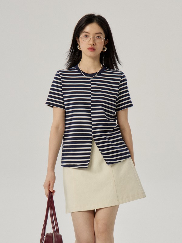 オモント エッグタルト レトロ 純綿 ストライプ 半袖 春 新作 スリム ラウンドネック カジュアル Tシャツ レディース