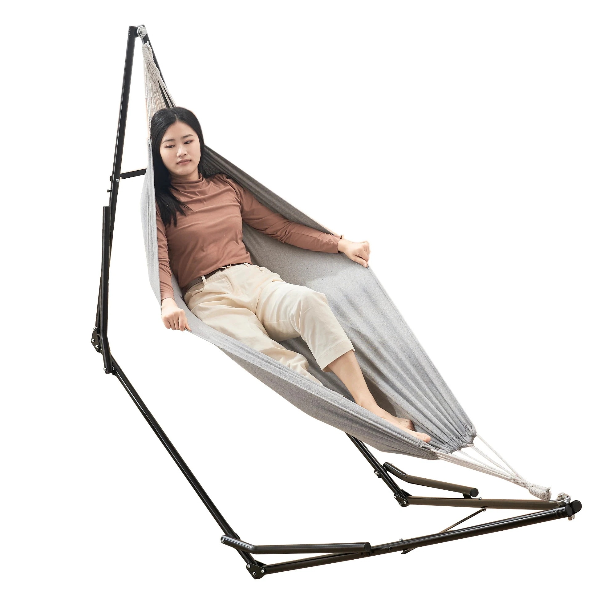 【国内即日発送】ハンモック （ライトブラウンハンモック+ダークブラウンチェア） 自立式 3 way ポータブルハンモック ハンガーフック 専用ケース付き チェアー 室内 折りたたみ おしゃれ