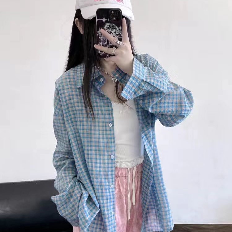 春 青 チェック シャツ レディース 長袖 アウター ゆったり 重ね着 カーディガン シャツ アウター リラックス風 トップス113