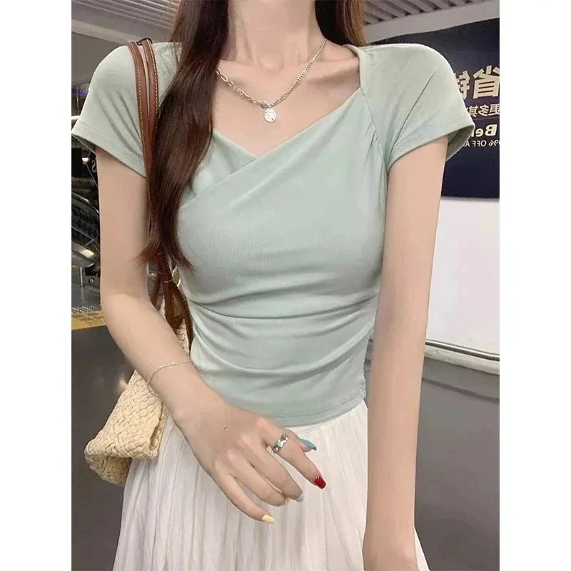 値下げ15%値下げ セクシーな鎖骨見せ半袖Tシャツ スリムな薄手ショートVネックトップス2件150円引き