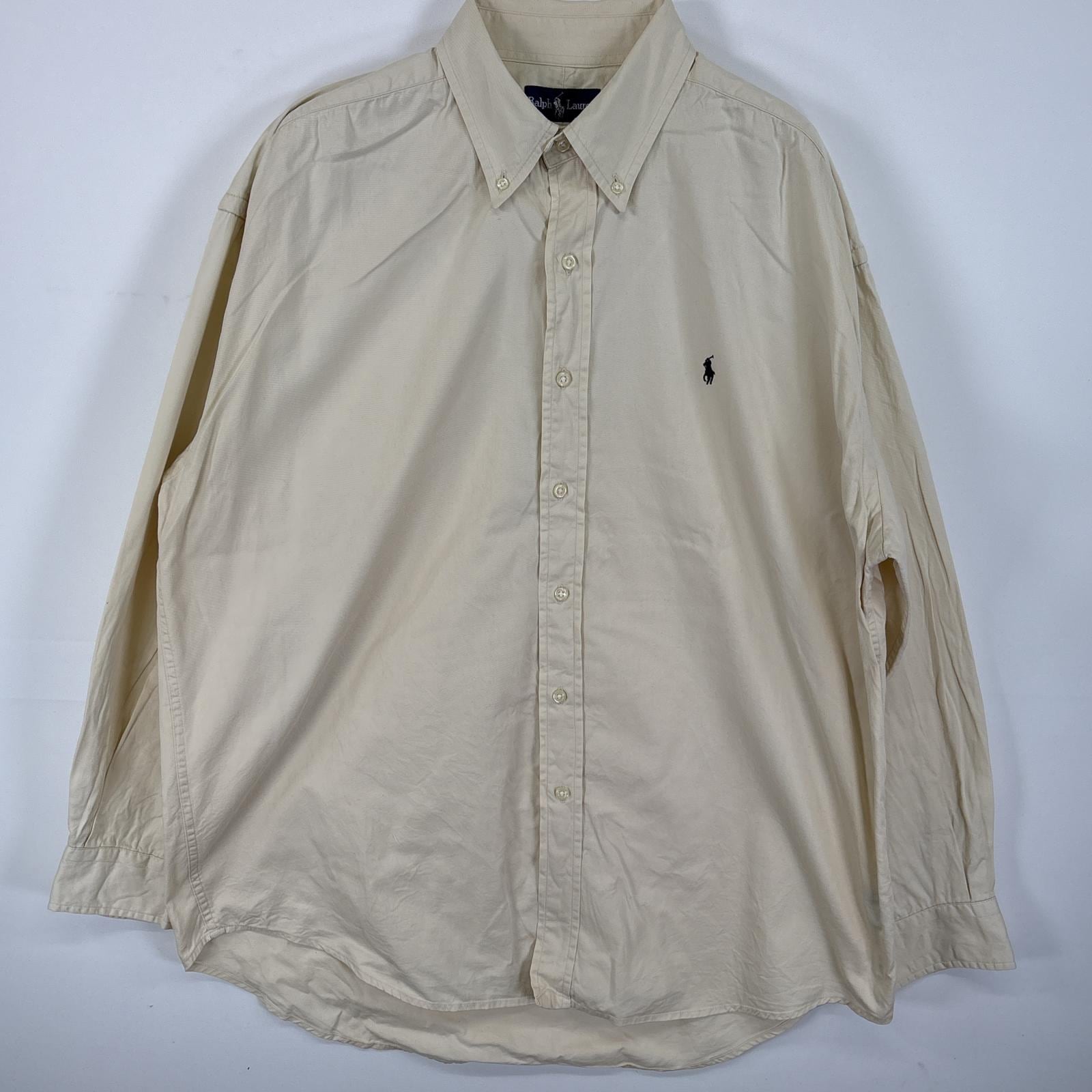 古着 長袖シャツ ボタンダウンシャツ ワンポイント ロゴ 刺繍 肉厚 XL イエロー 無地 メンズ