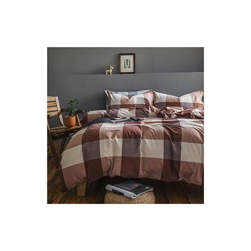 布団カバー ダブル 4点セット オーガニックコットン洗いざらしの綿100% コットン 寝具カバーセット 布団かばー ベットカバー 洗い替え 速乾 防ダニ ブラウン チェック