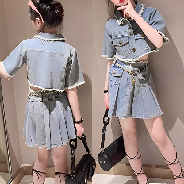 ４歳～１４歳 夏の女の子 デニムスーツ（ジャケットとスカート＋ベルト）上下セット レディース ツーピース スカート トップス ジャケット スーツ デニムスカート プリーツスカート フレアスカート