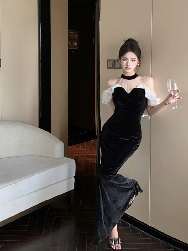 ワンピースドレスドレス韓国 大人 ロングドレス マーメイド 発表会 演奏会 結婚式 ピアノ発表会 袖付き 母親 披露宴 レディース 演奏会ドレス パーティ ドレス ピアノ 黒 ロング イブニングド