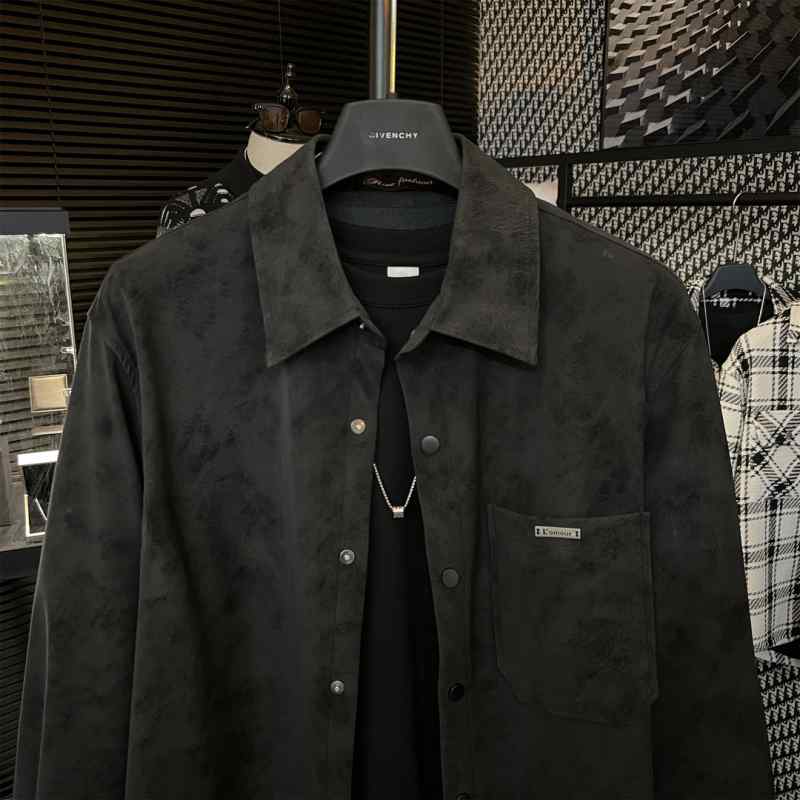 シャツ メンズ カジュアル 春秋 長袖 トップス スエード レザー ジャケット ファッション ブラック