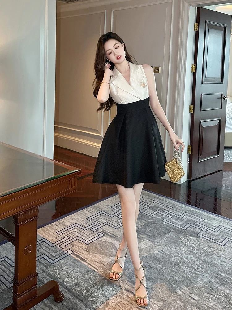 夏 袖なし ドッキング スーツワンピース Aライン ドレス パーティー キャバ 大人 同窓会 披露宴 卒業式 結婚式 演奏会 ウェディング 二次会 メガ割