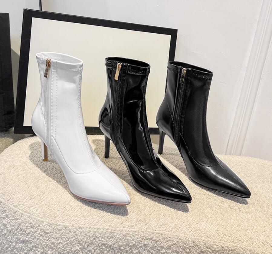 ショートブーツ　ハイヒール　ブーツ　ショートブーツ　大きいサイズ　26.5センチまで　小さいサイズ　ポインテッドトゥ　ブーティー　サイトファスナー　暖かい　冬靴　春　秋　美脚効果 　7.5センチ