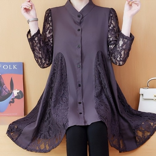 レディース トップス シャツ ブラウス ミディアム丈 袖あり 長袖 襟なし ラウンドネック 切り替えデザイン 刺繡 前開き ボタン かわいい 大人可愛い きれいめ シンプル カジュアル 大人 上品