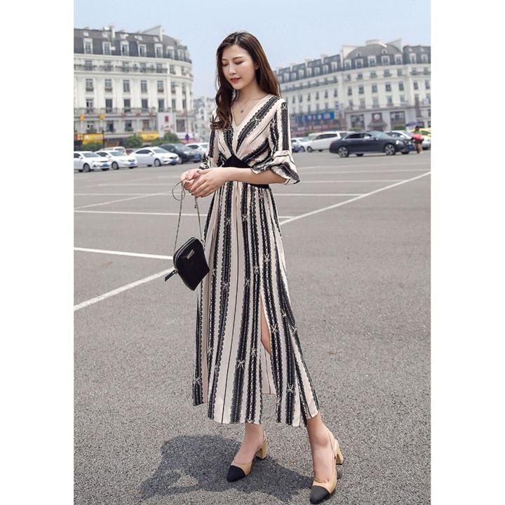 ドレス ワンピース ロングドレス ストライプ 半袖 五分袖 マキシ丈 Vネック エレガント パーティ 二次会