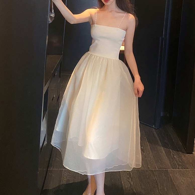 ワンピース レディース チュール切り替えワンピース ドレス キャミソールワンピース ハイウエスト