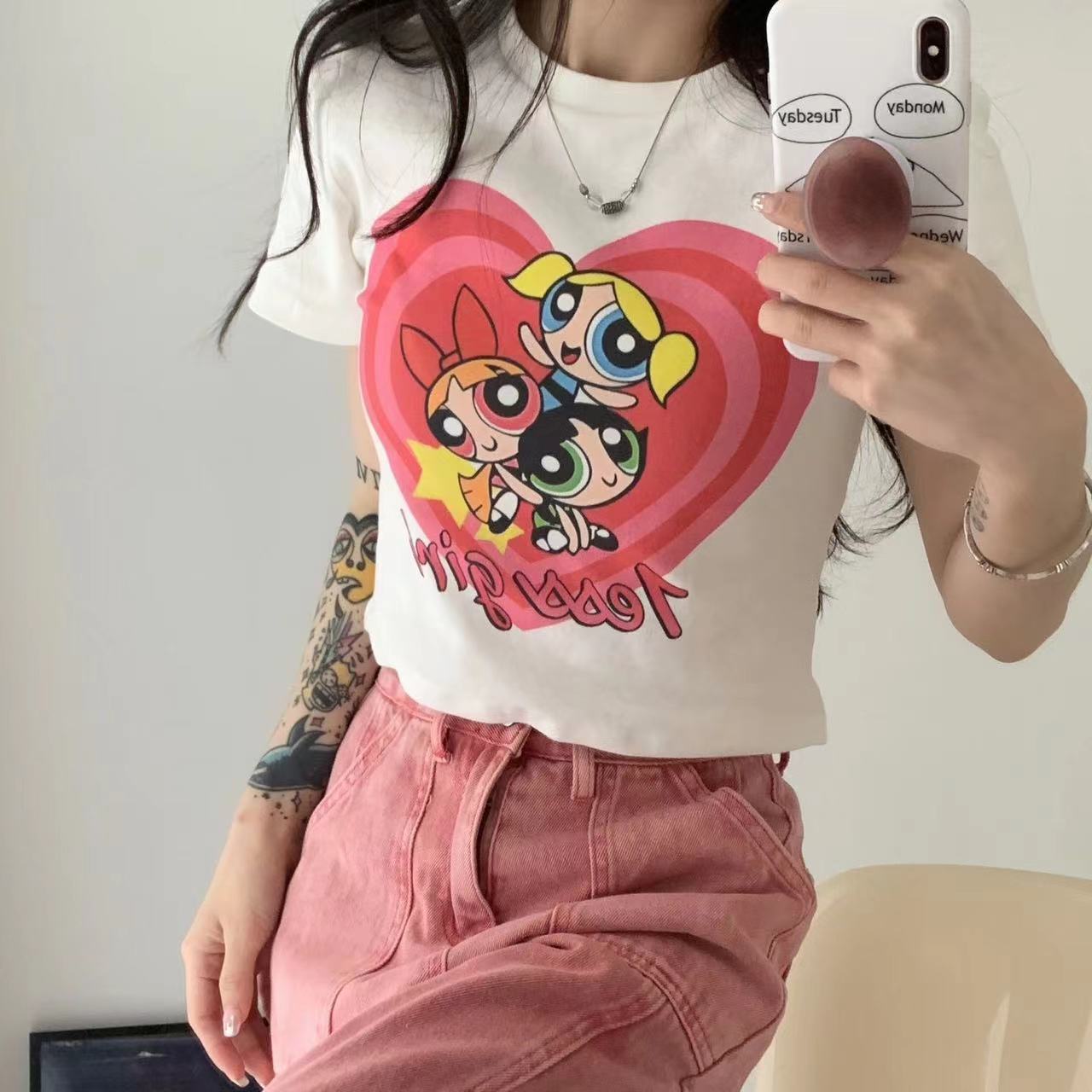 デザインニッチ漫画パワーパフガールズ右肩半袖tシャツレディース夏シック香港スタイルへそ出しショートトップ