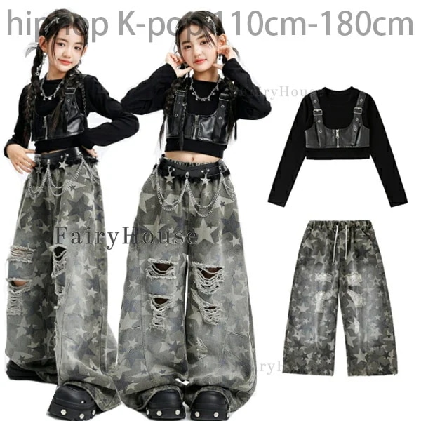 季節の変わり目の特恵キッズ ダンス衣装 女の子 セットアップ ファッション 演出服 女の子 へそ出し トップス ブラック Tシャツ+デニムダメージジーンズ 星柄 ワイドパンツ ジーンズ ガールズ hi