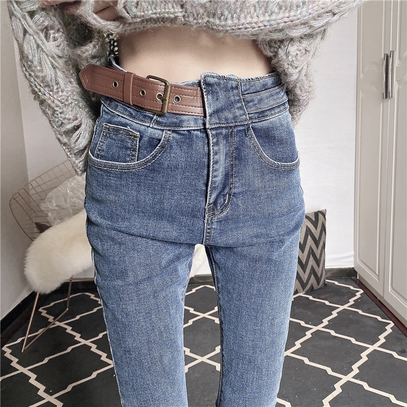 パンツ レディース ジーンズ デニム Gパン 27 28 29 30 韓国 スキニー スリム タイト 細身 ストレート ファスナー ベルト ハイウエスト ブルーデニム かわいい 大人可愛い きれいめ