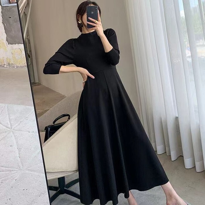 ワンピース レディース フレアワンピース フレア ハイウエスト くびれ 美シルエット 長袖 パワショル ロングワンピース ロング丈 ミモレ丈 無地 シンプル 着痩せ 細見え 体型カバー