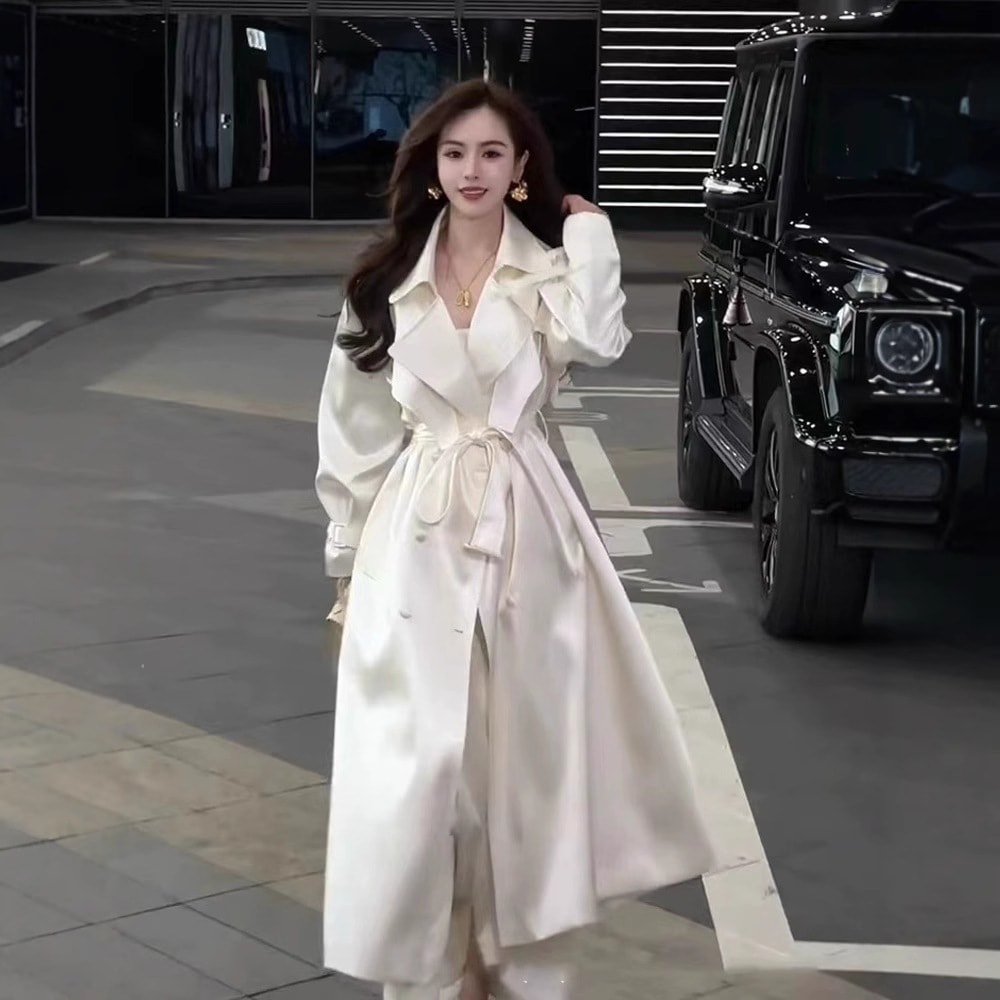 2025 春 新作 薄い ルーズ ファッション 気質 高度なセンス サテン ウエスト ホワイト トレンチコート ジャケット ロング
