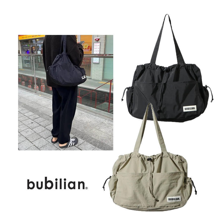 NEWBIE SHOUDER BAG バビリアン ショルダー スクエア トート バケット 巾着 軽い レディース メンズ 韓国ブランド 黒 肩掛け サブ エコ すぼめる ミディアム 無地 シンプル