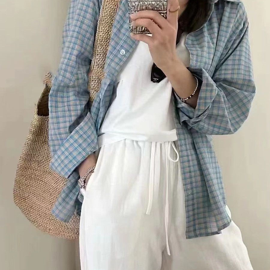 春 高級 青 チェック シャツ レディース 長袖 ゆったり カーディガン シャツ アウター リラックス風 トップス821