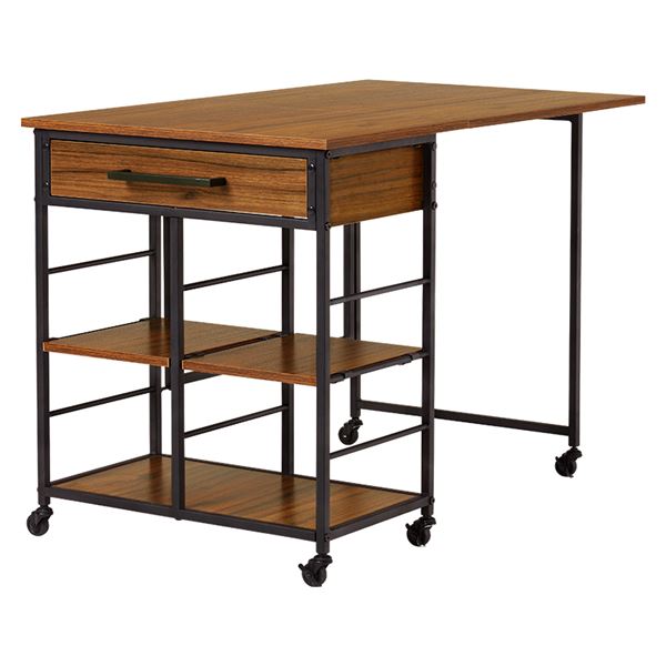 バタフライワゴン/キッチンワゴン 約幅60x奥行42/100x高さ70cm ブラウン キャスター付 可動棚x2枚 組立品