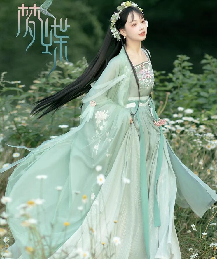 漢服 4点セット 蝶柄 刺繍 改良版漢服 チャイナドレス 漢風 ドレス フレア袖 チャイナドレス 漢元素 コスプレ衣装 古代お嬢様 ドレス 学園祭 文化祭 撮影衣装 コスチューム 女性 ハロウィン コ